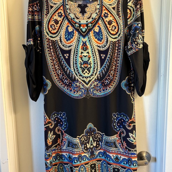 Elegant Black and Blue Paisley Asymmetrical Dress - Picture 2 of 6